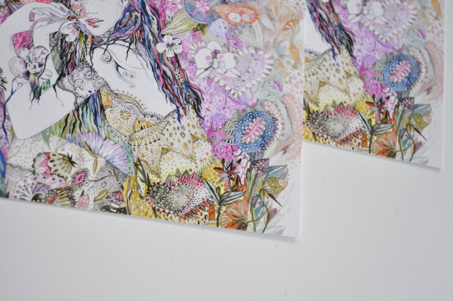 A6 postcard mini print + envelope/ Girl and colorful garden