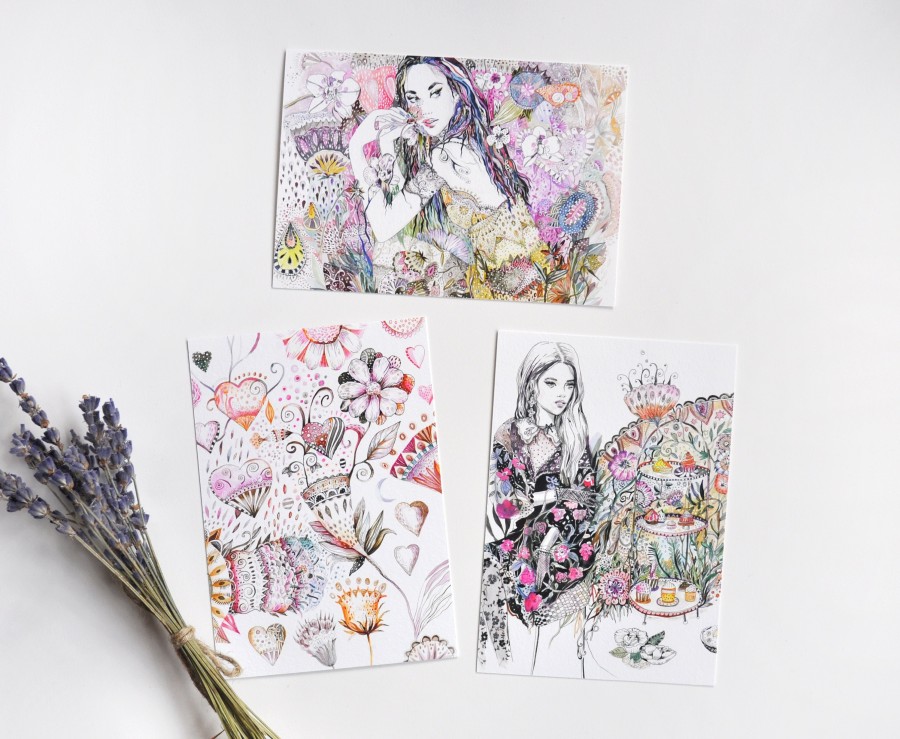 A6 postcard mini print + envelope/ Girl and colorful garden