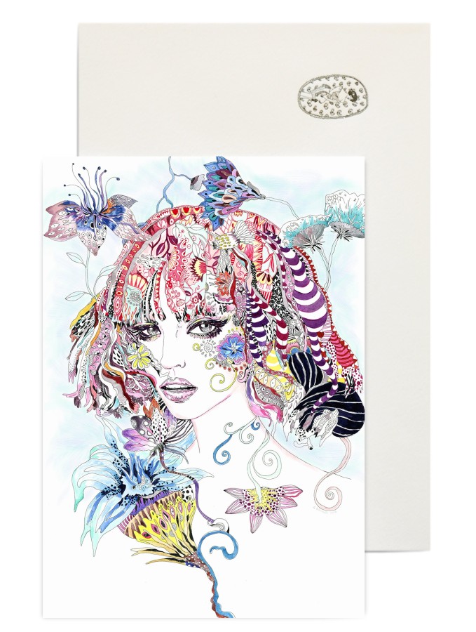 Girl with colorful hair and flowers/ Giclee Postcard, print + envelope