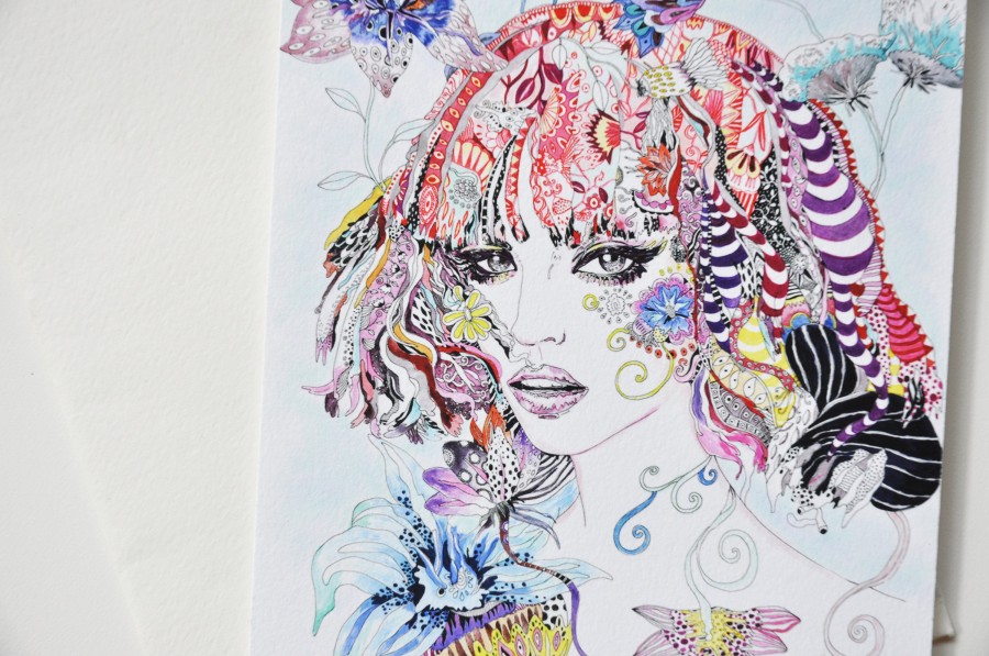 Girl with colorful hair and flowers/ Giclee Postcard, print + envelope