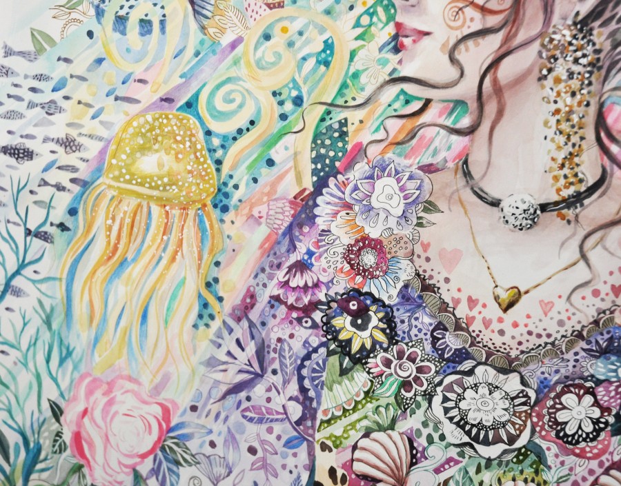 "Mermaid", ink and watercolor on paper, 2023